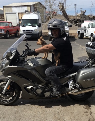 Joe with Silky/Yorkie Terrier Willow on Motorcycle